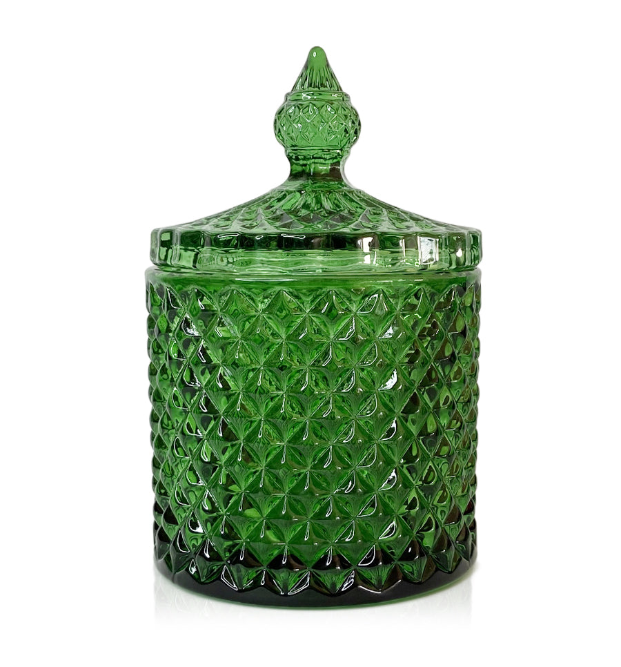 Geo Vintage Cut Glass Candle Jar with Lid - 250mls - Green