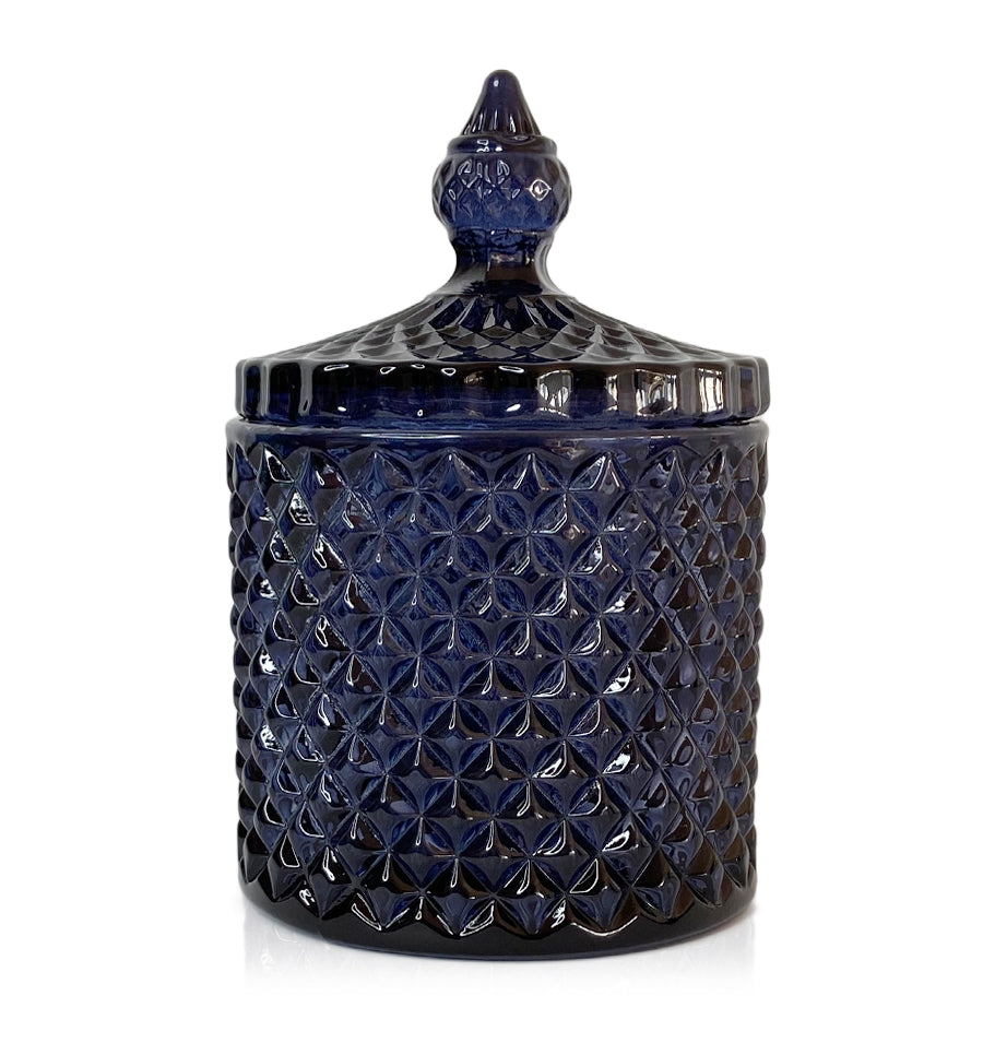 Geo Vintage Cut Glass Candle Jar with Lid - 250mls - Navy Blue