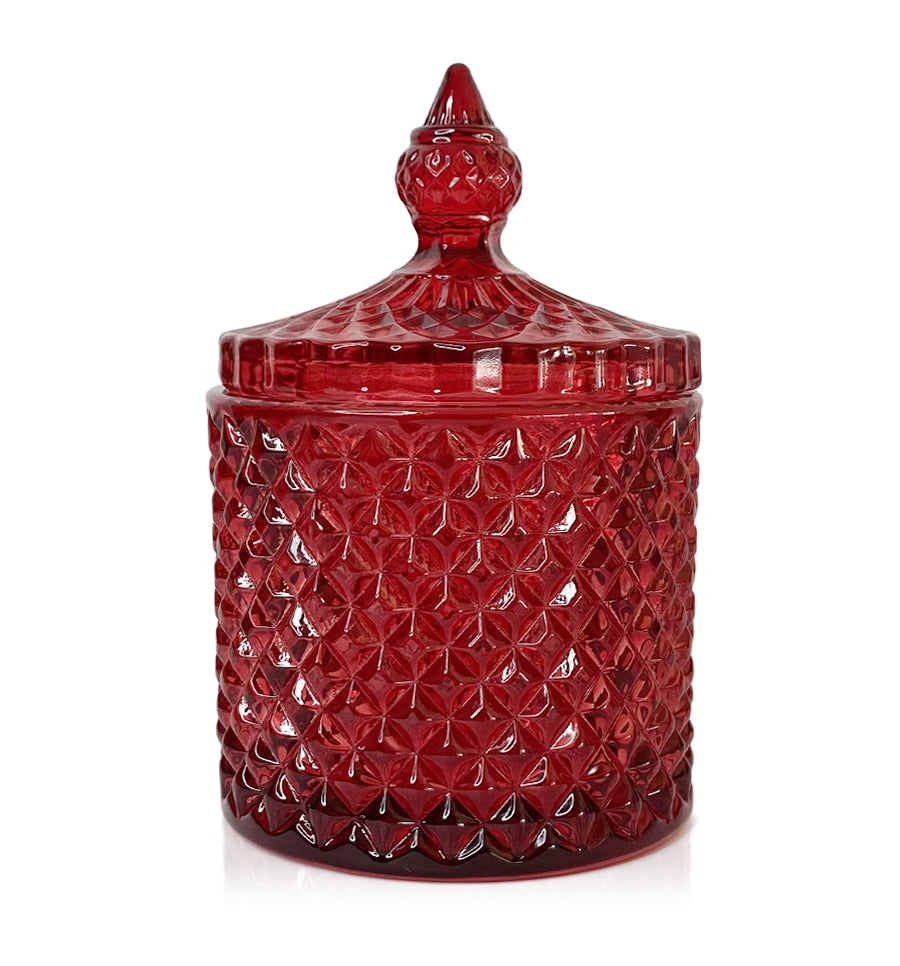 Geo Vintage Cut Glass Candle Jar with Lid - 250mls - Red