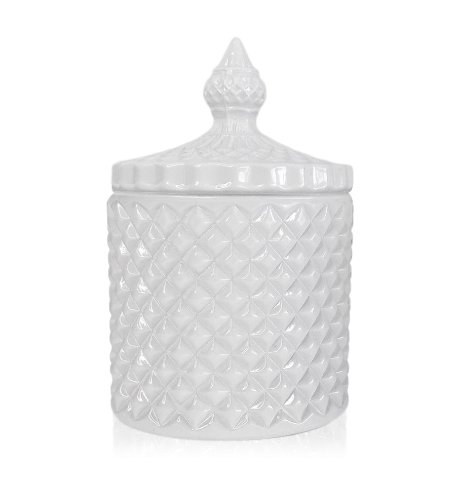 Geo Vintage Cut Glass Candle Jar with Lid - 250mls - White