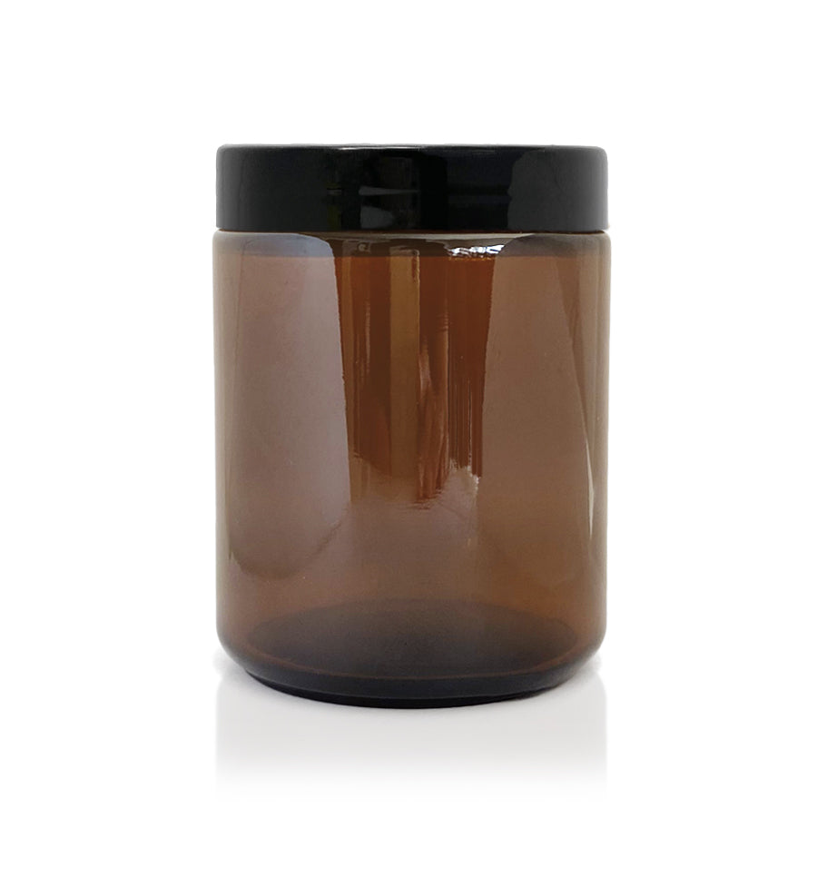 Amber Pharmacist Glass Jar with Black Plastic Lid 200ml